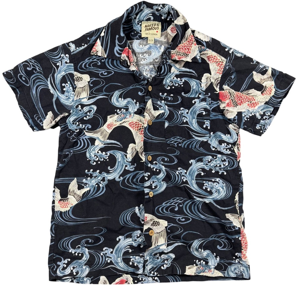 Naked & Famous Aloha Shirt Mens S Indigo Koi Fish Japanese Fabric Wood Button